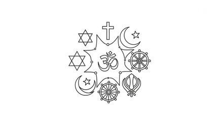 Diverse religious symbols united in harmony and spirituality, representing various faiths and cultures
