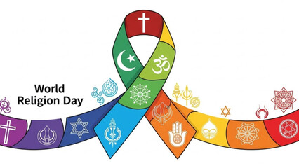 Vibrant world religion day ribbon with diverse faith symbols on white background