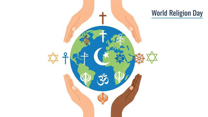 Diverse hands holding globe with various religious symbols on world religion day