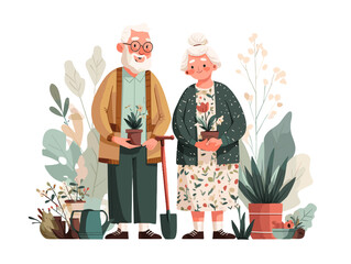 Senior couple gardening together, active retirement lifestyle illustration
