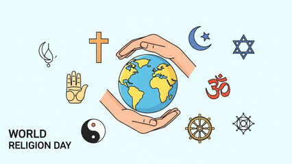 Hands holding the earth surrounded by religious symbols on world religion day
