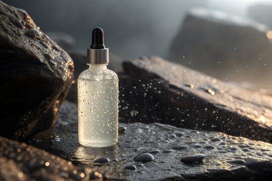 A Drop Bottle in a very clean and crystal clear environment and dark color rocks and big stones in the background