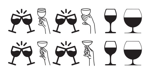 Glass icon set. Various wine glasses, a red wine glass, a champagne glass, hands toasting with wine and champagne glasses. vector illustration eps 10