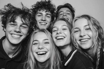 Fototapeta premium Joyful Friends Share Laughter in a Grainy Black and White Moment Generative AI