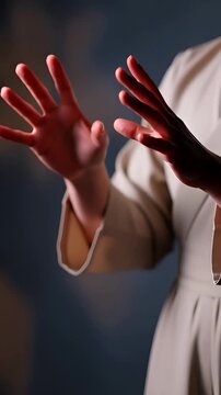 Woman's hands gesturing expressively in soft lighting