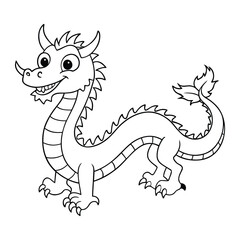 Fototapeta premium A majestic Chinese dragon twists and curls across the page, detailed with scales, claws, and whiskers, ready for vibrant colors in this festive coloring page. 