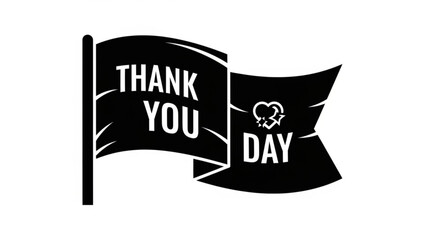 Black waving flags with thank you day text and heart symbol on white background