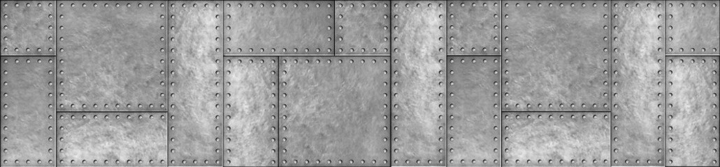 ndustrial grey metal plates with rivets texture panoramic background photo