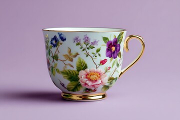 A delicate bone china cup with hand-painted flowers, pastel lavender background, fine details