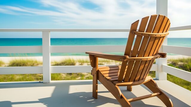 A wooden beach chair on a deck overlooking the ocean
