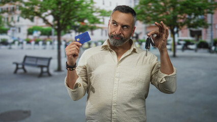 Man holding creditcard and car keys on street near bench and trees, palms visible while presenting items with a skeptical look; indecision doubt.