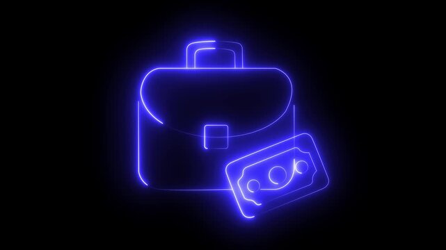 Neon light effect animation of a portfolio icon with a banknote ,Neon glowing cyan briefcase icon, work bag symbol animation black background. 4k motion video animation .