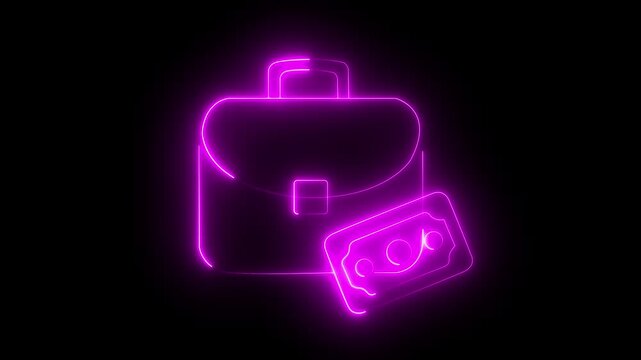Neon light effect animation of a portfolio icon with a banknote ,Neon glowing cyan briefcase icon, work bag symbol animation black background. 4k motion video animation .
