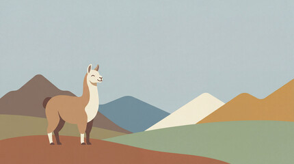 Fototapeta premium Smiling llama stands in mountain valley. Pastel llama illustration suits summer vacation ads, World Tourism Day posts, International Mountain Day banners, calm nature mood, wide copy space
