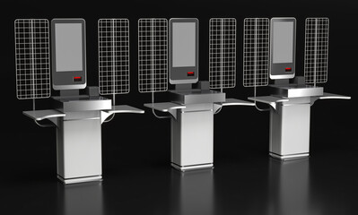 Retail self-checkout kiosks on black background. 3d illustration