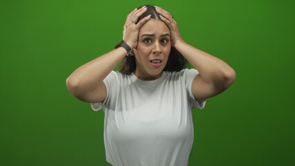 Woman holding head with both hands, young brunette wearing white t shirt, smartwatch and rings,...