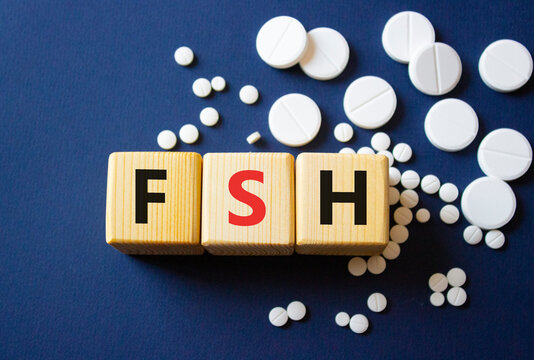 FSH symbol. Wooden cubes with words FSH Follicle stimulating hormone. Beautiful deep blue background. Healthcare and Follicle stimulating hormone concept. Copy space.