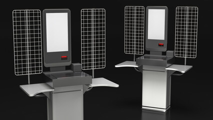 Close-up of retail self-checkout kiosks. 3d illustration isolated on black
