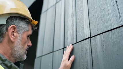 Architect inspecting a newly coated exterior surface with advanced finishes focusing on robustness and enhanced lifespan against environmental elements.