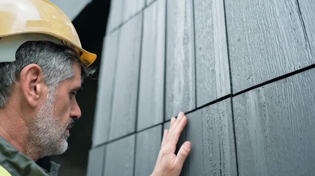 Architect inspecting a newly coated exterior surface with advanced finishes focusing on robustness and enhanced lifespan against environmental elements.