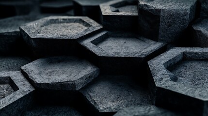 Close-up of rough dark stone hexagonal blocks with recessed centers abstract photo background
