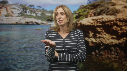 Fototapeta premium Woman touching hair with one hand and arms crossed while speaking in studio before coastal backdrop; skepticism doubt.