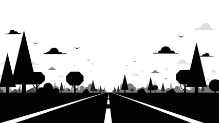 a black and white illustration of a road with trees and clouds