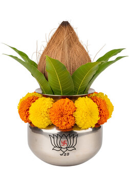 Traditional Hindu Kalash with Coconut, Mango Leaves and Marigold Flowers Isolated PNG.