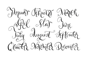 Handwritten lettering months of the year in cursive style created using ink. Vector elegant hand drawn illustrations in calligraphy style, month lettering for planners and calendars.