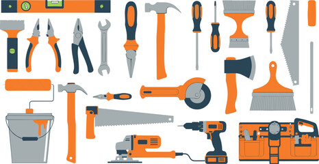 Hand tools and construction equipment vector set with hammer, drill, saw, wrench, pliers, screwdriver, paint tools, and toolbox for repair and DIY design