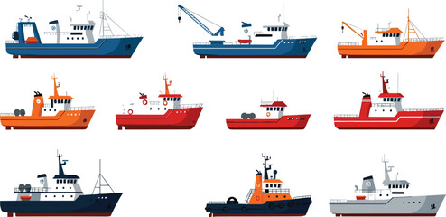 Industrial ships and workboats vector illustration set with cargo vessels, tugboats, fishing boats, and offshore service ships for maritime, shipping, and transportation design