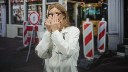 Woman doctor covers face with hands on a street near construction barriers and pedestrian sign; anxiety fatigue.