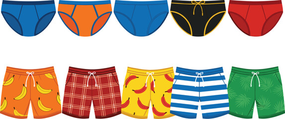 Men underwear and swim shorts vector illustration set with briefs and colorful patterned beach shorts for fashion, summer clothing, and apparel design concepts © MdYeasin