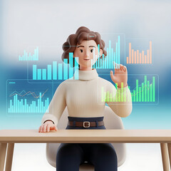 3d illustration of a female data analyst character with graphs