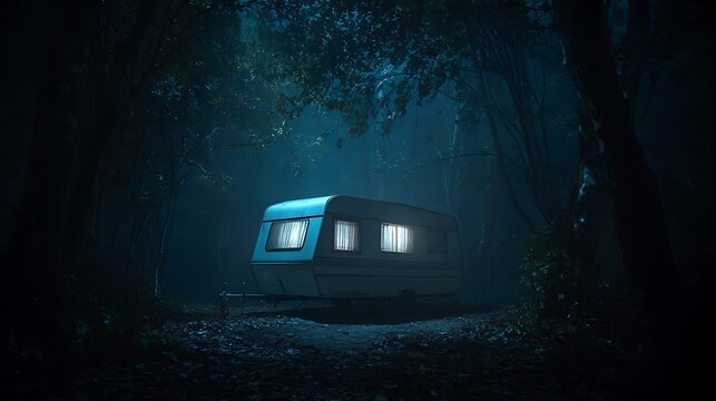 Illuminated caravan parked in a dark, misty forest at night trailer photo