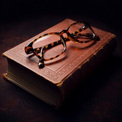 Classic tortoiseshell glasses placed on worn leather bound book against dark background