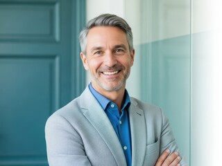 Professional man in a gray blazer and blue shirt isolated on transparent background