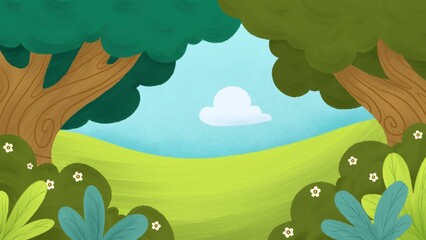 Serene landscape with trees, flowers, hills, cloud, and sky 