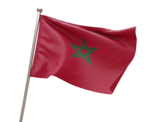 Morocco flag waving isolated on white transparent background, PNG.