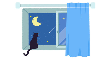 Black cat sitting on windowsill gazing at moonlit night sky with stars twinkling outside in serene dream through sheer blue curtains