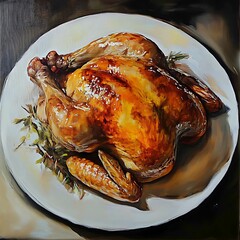 Crispy and golden roasted chicken served on a white plate with a rich brown skin texture image