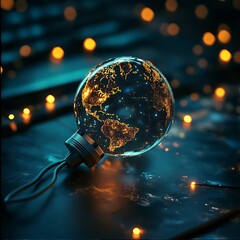 Crystal clear globe showcasing glowing continents and vibrant lights, representing the world in a digital, glowing atmosphere