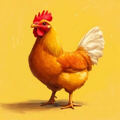 Detailed illustration of a rooster with vibrant golden feathers, red comb, and yellow background creating an energetic look