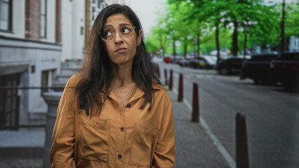 Obraz premium Woman wearing glasses looks up with a raised eyebrow on a city street lined with trees and parked cars; uncertainty hesitation.