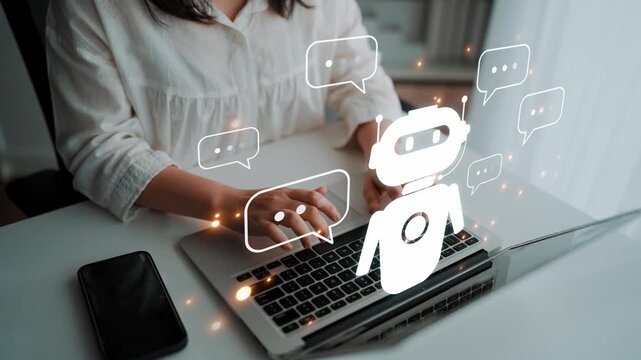 AI chatbot virtual assistant interacting with users through AI conversation bubbles, symbolizing AI automation, smart communication, and AI digital artificial intelligence help support Marrow