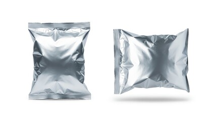 Silver foil packaging bags on white background, perfect for snacks or coffee