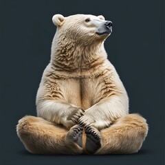 Brown grizzly bear sitting with paws together, showcasing its strong claws and calm expression against a black backdrop