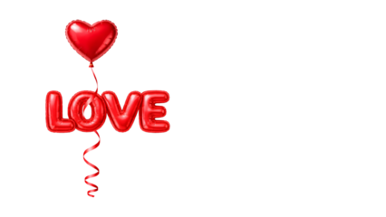 Red LOVE balloon word with heart and ribbon isolated on transparent background, romantic horizontal banner for Valentine’s Day, wedding and love promotion