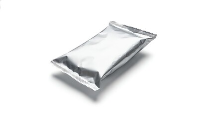 Silver foil packaging pouch on white background with shadow