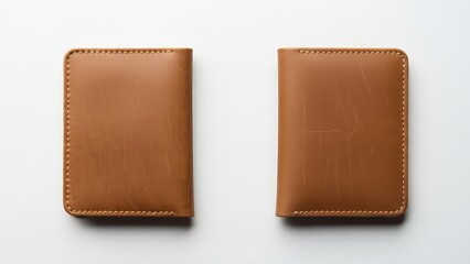 Two brown leather wallets on white background
